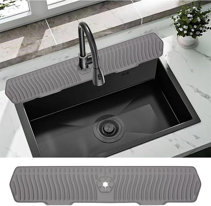 30 Inch Sink Splash Guard, Large Size Kitchen Sink Splash Guard, Longer Silicone Faucet Handle Drip Catcher Tray for Kitchen Countertop, Bathroom, Farmhouse (Grey)