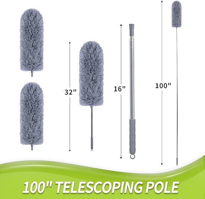 IVYROLL Duster with Extension Pole for Cleaning (2 Microfiber Heads Kit) | 100" Long Feather Duster for High Ceilings with Washable Head, Cleaning Supplies for Housekeeping, Ceiling Fan, Furniture