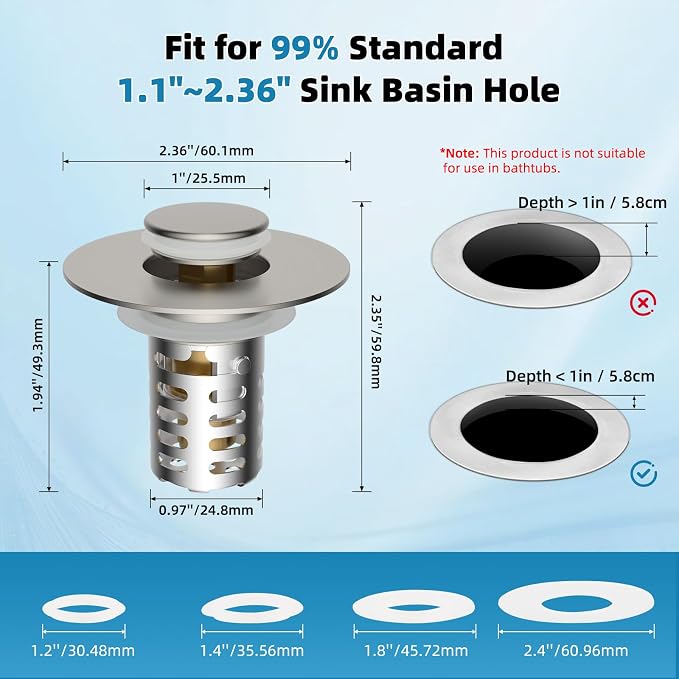 Universal Metal Bathroom Sink Drain Strainer Hair Catcher Upgraded 3 in 1 Pop-up Sink Stopper, with Detachable Stainless Steel Filter Basket, Fit for Standard 1.1''~2.36'' Basin Hole, Brushed Nickle