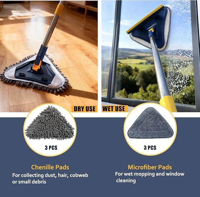 Wall Cleaner Mop with Long Handle, 5-in-1 Walls Cleaner Mops with 6 Replacement Microfiber Chenille Pads, Squeegee, Scrubber for Painted Walls, Window, Floor, Baseboards