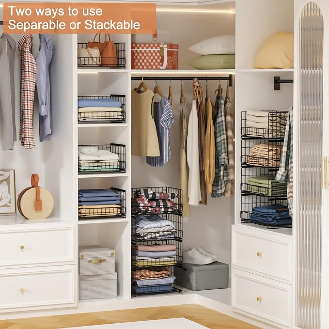 Hongtamoya 4-Tier Sliding Closet Organizers and Storage Shelves, Stackable Closet Shelf Organizer Basket Bins, Drawer Shelf Storage Container for Wardrobe Cupboard Kitchen Bathroom Office, Black
