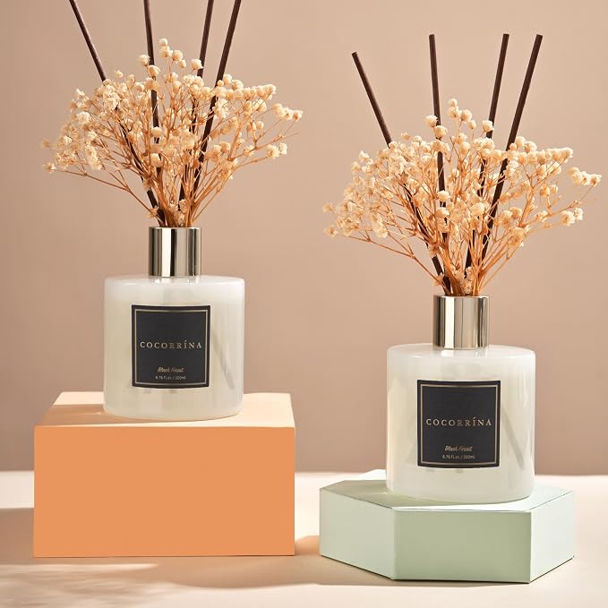 Premium Reed Diffuser Set with Preserved Baby's Breath & Cotton Stick Black Forest 2 Packs, 6.7oz Scent Fragrance Oil Diffuser for Bedroom Bathroom Home Décor