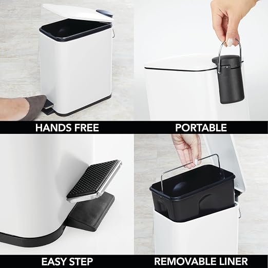 mDesign Slim Metal Rectangle 1.3 Gallon/5 Liter Trash Can with Step Pedal, Easy-Close Lid, Removable Liner - Narrow Wastebasket Garbage Container Bin for Bathroom, Bedroom, Kitchen - Matte White