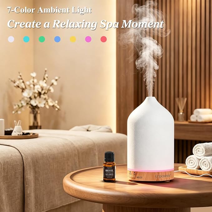 URPOWER 180mL Ceramic Essential Oil Diffuser Aromatherapy Diffuser for Home | Features Ultrasonic Mist, Auto-off Protection and 7-Color LED Lighting for A Relaxing Everyday Aromatherapy Experience