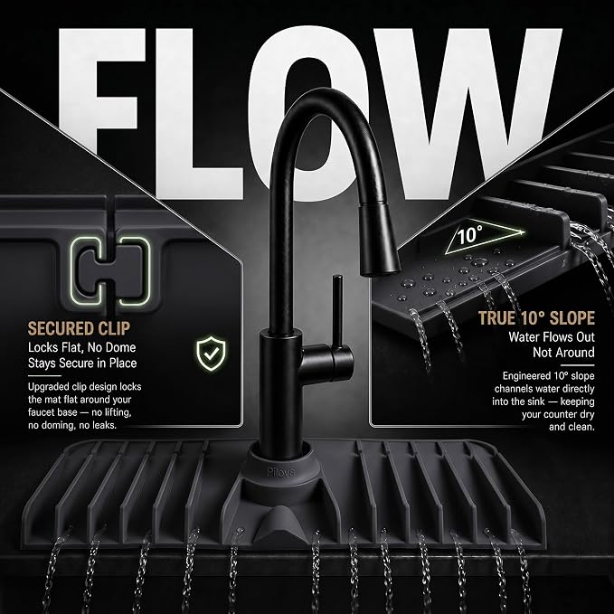 Premium Kitchen Sink Splash Guard – 18" x 5.7" Silicone Faucet Mat with Secure Pressure Clip, True 10° 3D Drainage(No Pooling), Anti-Lift Design, Flexible Leak-Sealing Ring, Non-Slip Fit Behind Faucet