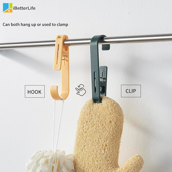 iBetterLife 4Pcs Laundry Hooks with Clips Hanger Heavy Duty Outdoor Clothes Pins, Closet Organizer Single Clamps Hanging Socks Boot Bras Underwear Kids Towels for Bathroom Wardrobe Kitchen Office