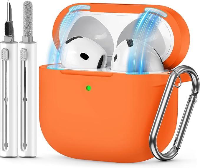 for AirPods 4 Case 2024 with Cleaner Kit & Keychain-Magnetic Orange | Silicone Protective Cover for Apple AirPods 4th Generation Case,for Women Men,One-Piece Design,Shockproof,Dust Proof,Magnetic
