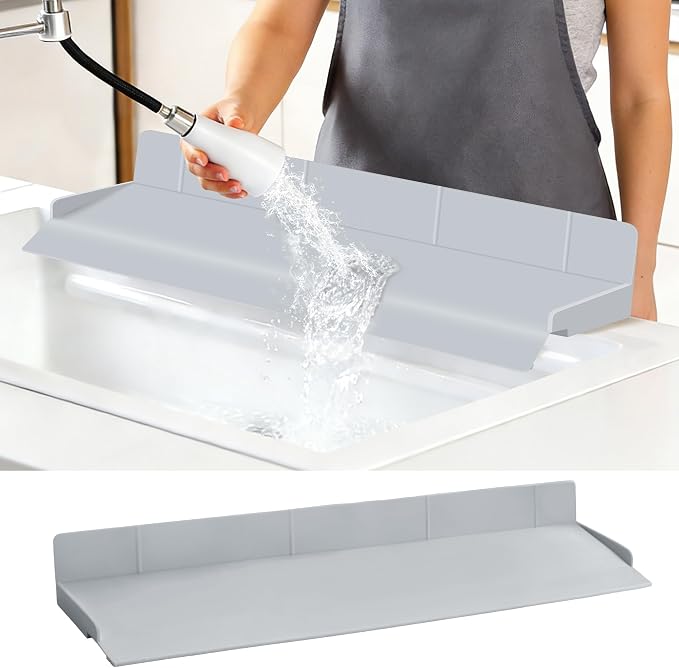Full-Coverage Sink Splash Guard – 27.6 Inch Extra-High Ramp with Super Strong Suction Cups, Silicone Sink Splash Guard with Front-Edge Storage for Kitchen (Grey, 27.6''x4.7''x2.8'')