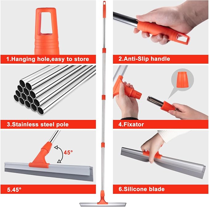 Floor Squeegee with 60" Stainless Steel Handle, 17.2" Silicone Blade Floor Scrubber for Bathroom, Shower, Garage, Tile, Window and Water Removal