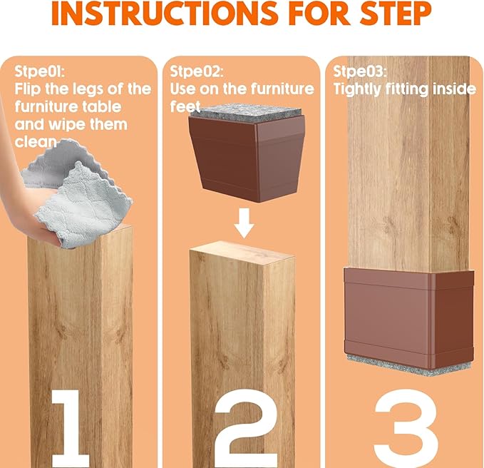 Rectangle Chair Leg Protectors for Hardwood Floors,16 PCS Silicone Covers to Protect Wood Tile Floors Felt Pads Furniture Leg Caps Reduce Noise. Easy to Move.(Brown,1 x 3 Inch,Rectangle)