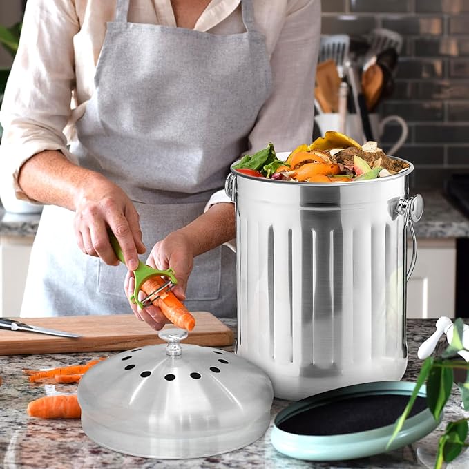 ENLOY Compost Bin for Kitchen Countertop, 1.3 Gallon Stainless Steel Indoor Compost Bucket for Kitchen Countertop Odorless Compost Pail for Kitchen Food Waste with Carrying Handle Easy to Clean