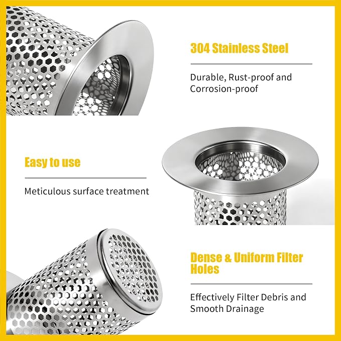 Bathroom Sink Drain Strainer, 304 Stainless Steel Hair Catcher for Bathtub Shower Floor Drain, Bathtub Drain Cover Strainer Basket Fit 1.3" to 2.17" Drain Hole (2PCS)
