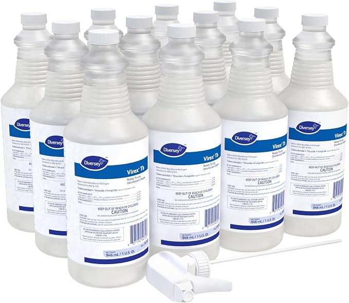 VIREX Diversey Tb 04743. Disinfectant Cleaner, Hospital Use Tuberculocidal, Virucide, Fungicide with Lemon Scent, Ready-to-Use Liquid, For Home & Commercial Use, 32-Ounce