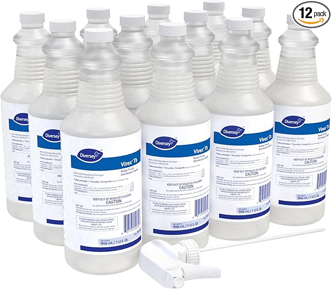 Diversey VIREX Tb 04743 Disinfectant Cleaner, Hospital Use Tuberculocidal, Virucide, Fungicide with Lemon Scent, Ready-to-Use, For Home & Commercial Use, 32-Ounce (12 Pack & 1 Reusable Sprayer Nozzle)