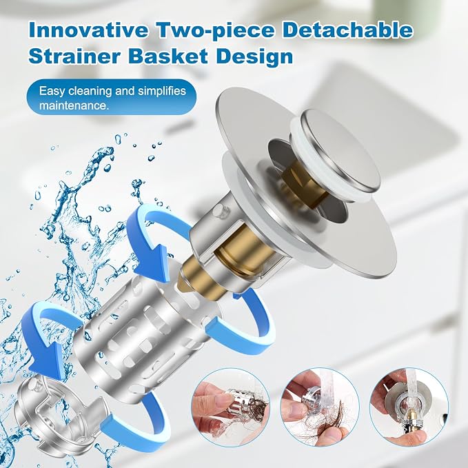 Hibbent Universal Bathroom Sink Drain Strainer, Upgraded 3 in 1 Pop Up Stopper, Removable Stainless Steel Filter Basket, Brass Bullet Core, Hair Catcher Sink Plug for 1.1''~2.36'' Hole, Brushed Nickel
