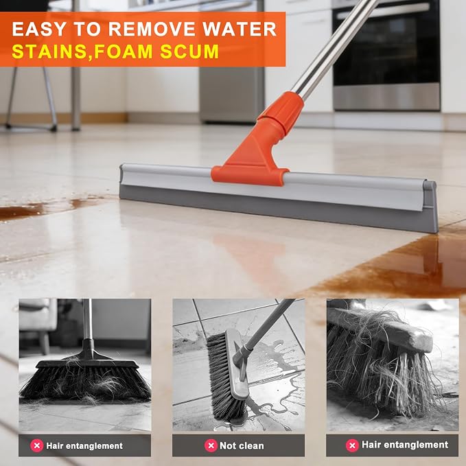 Floor Squeegee with 60" Stainless Steel Handle, 17.2" Silicone Blade Floor Scrubber for Bathroom, Shower, Garage, Tile, Window and Water Removal