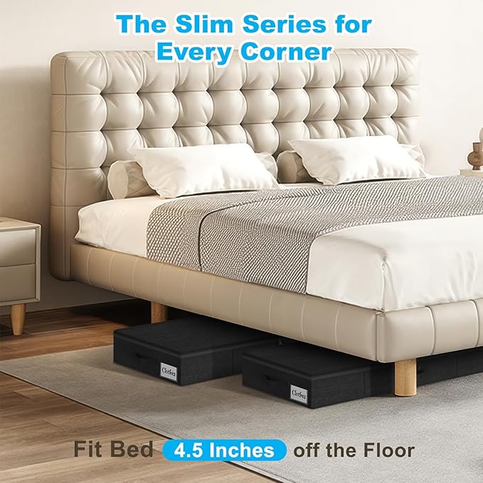 Under Bed Storage Container Bin 4 Pack, 4.5 Inch Slim Low Profile Underbed Clothes Storage Organizer for Dorm & Home, Use for Blanket and Toy Storage Box W/ Sturdy Bottom/Sides, Foldable Thick Fabric