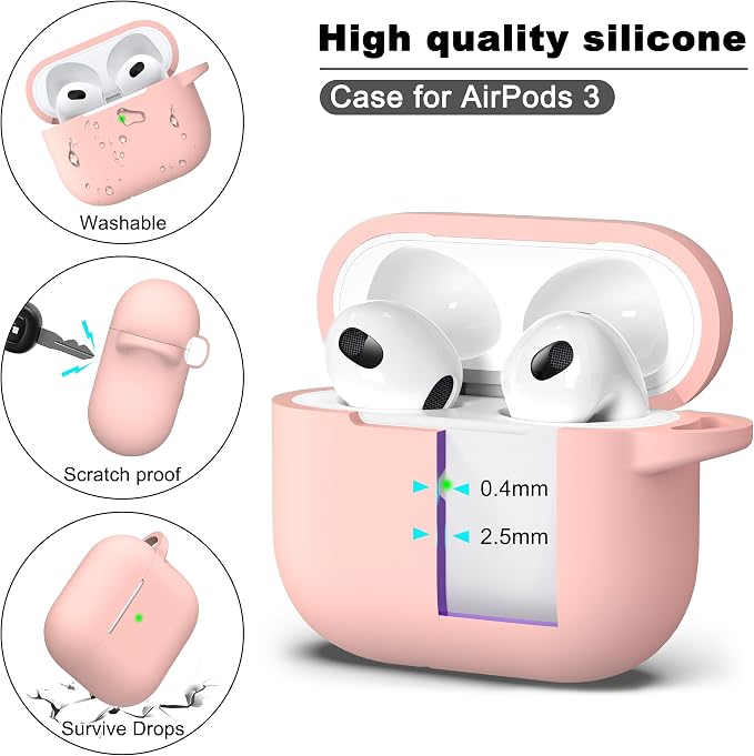 R-fun Compatible with AirPods 3 Case Cover, Silicone Protective Accessories Skin with Keychain Compatible with Apple AirPod 3rd Generation 2021 for Women Men Girls Boys,Front LED Visible,Sand Pink