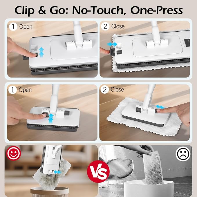 2-in-1 Hands Free Flat Mop,Disposable Dust Mop with 47" Long Handle | Snap-Grip Lazy Mini Mops for Floor Cleaning,Click Mop to Use with Any Cloth,No-Touch, Multi Surface Floor Cleaning