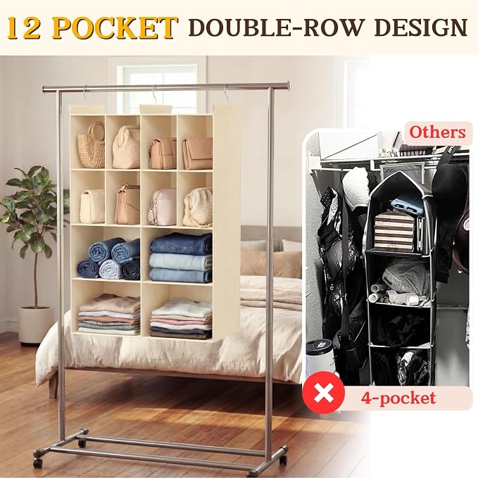 4 Tier Hanging Closet Organizer, 12 Compartments Dual Row Storage, Beige | Closet Organizers and Storage with Large & Small Cubbies, 3 Sturdy Hooks Support Heavy Loads, for Dorm, RV, Garment Rack