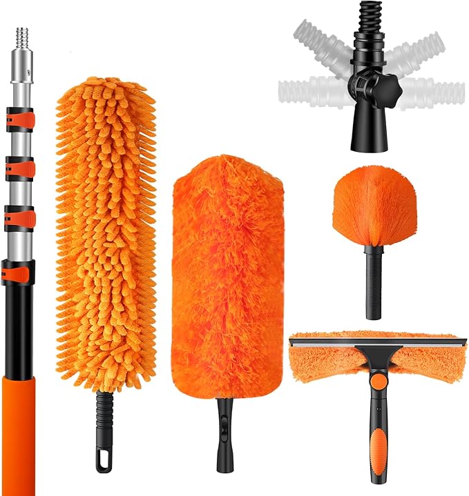 20ft High Reach Duster Kit with Extendable Pole,High Ceiling Duster Kits | Includes Ceiling Fan Blade Cleaner, Cobweb Remover, Bendable Duster, Microfiber Glass Scrubber&Squeegee(Extension pole:5-12ft
