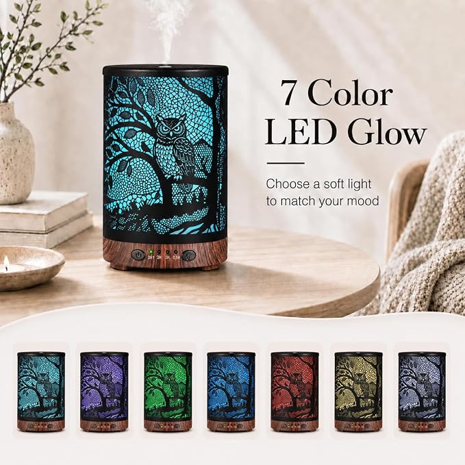 Essential Oil Diffuser, 120 ml Aromatherapy Diffuser with 7 Color Lights, Auto Shut-Off and 4 Timer Settings, Ultrasonic Cool Mist Diffuser for Home Room Office (Woodland Owl)