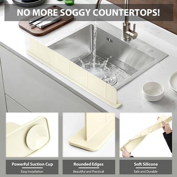 28Inch Silicone Sink Splash Guard with Strong Suction Cups, Flexible Kitchen Sink Splash Guard for Front of Sink, Easy to Clean Splash Guard for Kitchen & Bathroom (White, 28''x2.8'')