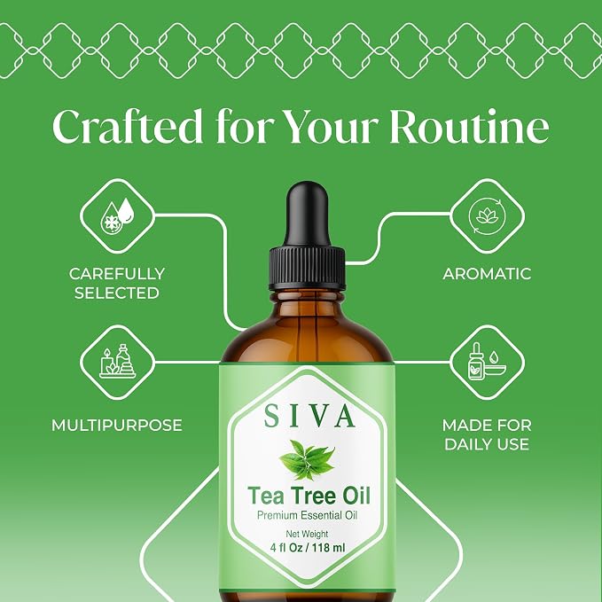 Siva Tea Tree Essential Oil, Glass Bottle with Dropper, 4 Fl Oz (118 ml) | Tea Tree Oil for Hair Care, Scalp Care, Face Care, Skin Care, Nail Care, Diffuser, Humidifier, Soap Making & DIY Blending