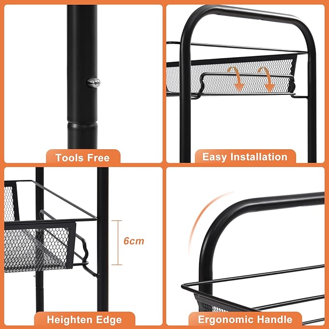 TOOLF 4-Tier Rolling Cart, Metal Utility Cart with 3 Hooks, Easy Assemble Mobile Storage Trolley On Wheels, Metal Shelving Units Kitchen Bathroom Laundry Room