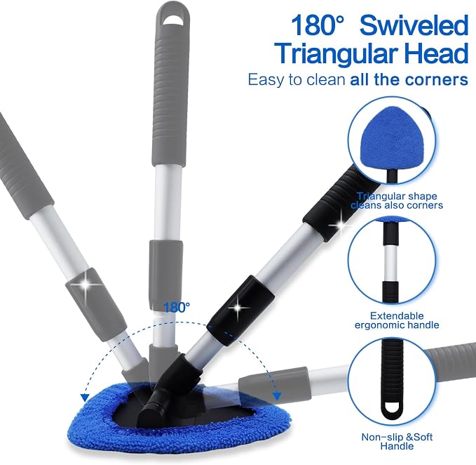 Windshield Cleaner Tool 22.5" L - Car Interior&Exterior Window Cleaning Kit with Extendable Handle&4 Microfiber Pads and Thick Large Wash Sponge, Auto Glass Wiper Brush Kit for Cars Home (7pcs Blue)