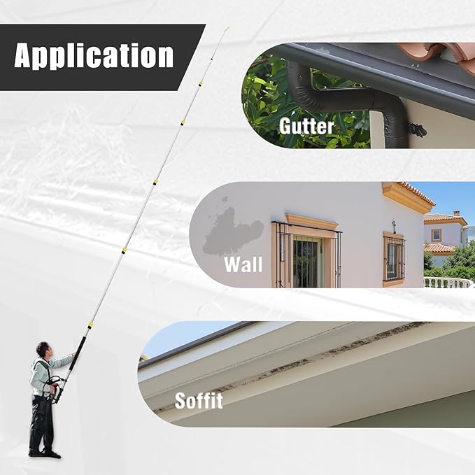 25 FT Pressure Washer Telescoping Wand with Extension Wands | Gutter Cleaner Attachment, 7 Spray Nozzle Tips, 2 Hose Inlet Adapters, Pivoting Coupler and Support Harness