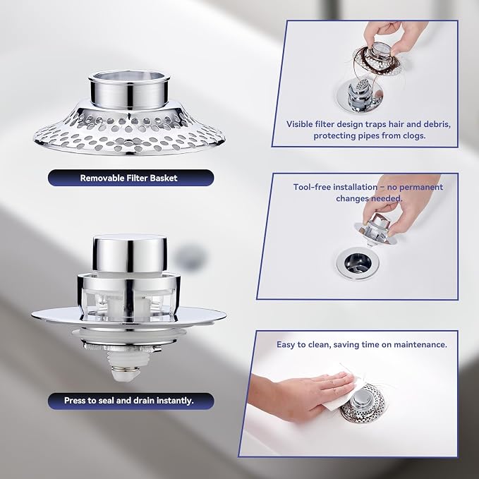 2 Pack Bathtub Drain Stopper with Removable Hair Catcher, 3-in-1 Pop-up Drain Plug Fits 1.38 to 1.8 Inch Holes, Upgrade Shower Drain Cover with Stainless Steel Filter