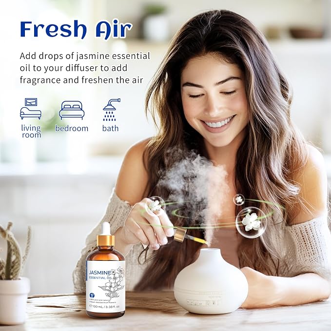 HIQILI Jasmine Essential Oil for Diffuser, Skin, Perfume & Aromatherapy | Soft Floral Scent For Massage, Nourish Hair & Complexion, Ideal For Diffuser & DIY Fragrance - 100mL / 3.38 Fl Oz