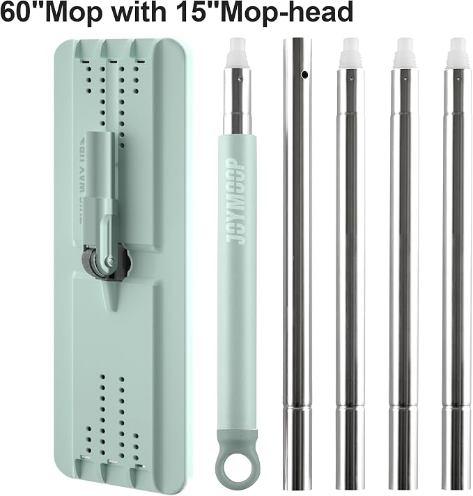 JOYMOOP Flat Mop Replacement Set, Microfiber Cleaning Head with 60" Handle and Flexible 15" Frame, Green, for Floor and Wall Cleaning