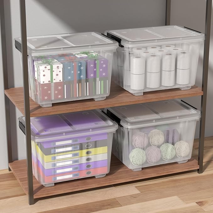 Zopnny 50 Quart 4 Pack Plastic Storage Container with Lid, Wheeled Clear Storage Latch Boxes
