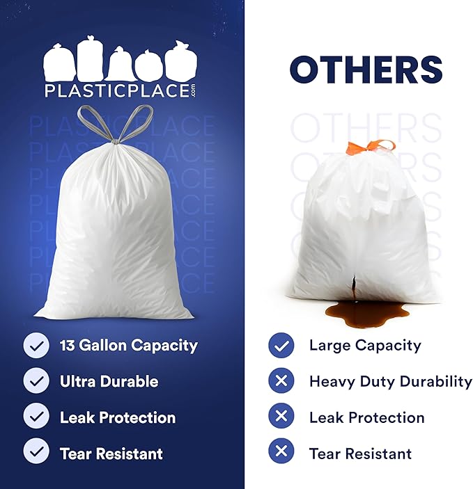 Plasticplace 13 Gallon Trash Bags │ 1.2 Mil │ White Extra-Large Drawstring Garbage Can Liners │ 24" x 31" (50 Case)