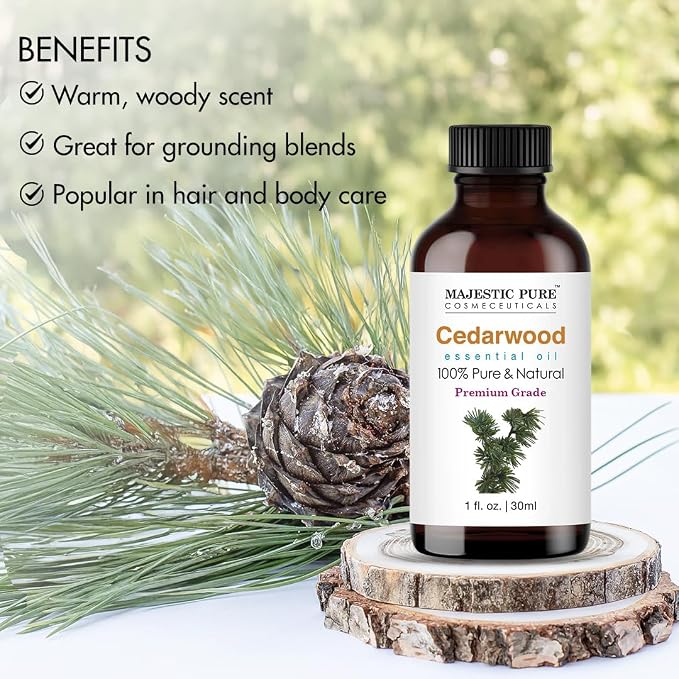 Majestic Pure Cedarwood Essential Oil for Diffuser - 1 Fl Oz | 100% Natural Essentials Oils Ideal for Humidifier, Air Freshening, Cleaning Home, Bath, Steam Inhalation and Massage