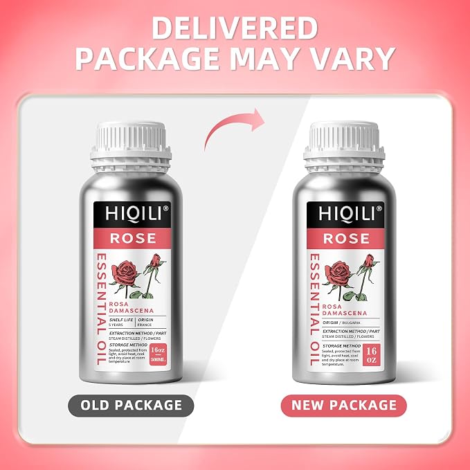 HIQILI Rose Essential Oil Large Capacity for Skin Care & Candle Making | Ideal for Perfume Blending, SPA Massage, Diffuser, Soap DIY, Oil Soluble, Soft Floral Scent - 500mL / 16 fl.oz