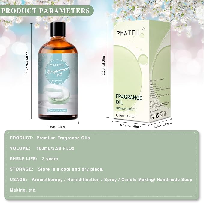 PHATOIL Baby Powder Fragrance Oil for Diffuser Aromatherapy 3.38FL.OZ | Long Lasting Scented Oils For Humidifier, Air Freshener, DIY Soap Candle, Scent Project Making, Aroma Oil for Home Freshening