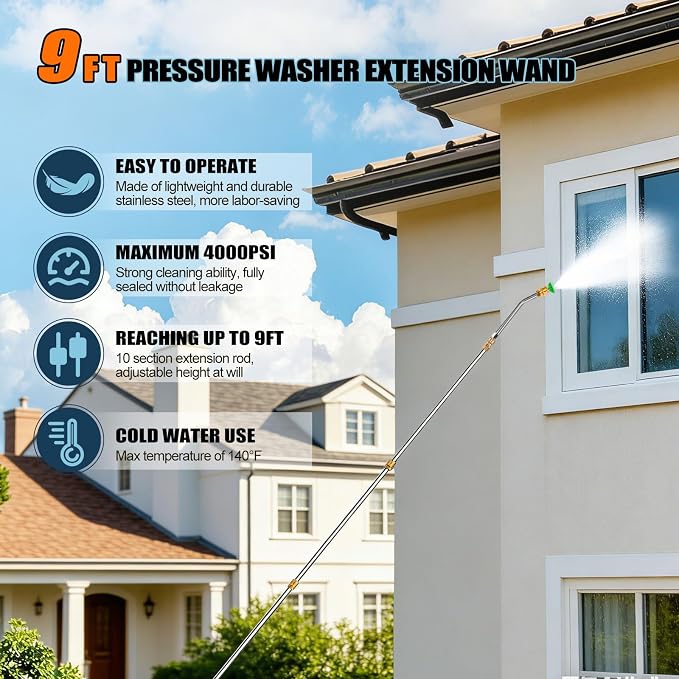 10 Pack 9 FT Pressure Washer Wand, Gutter Cleaning Tools from the Ground | Gutter Cleaner Attachment for Pressure Washer with 6 Pressure Washer Nozzle Tips, 30°, 90°, 120° Gutter Cleaner Curved Rod