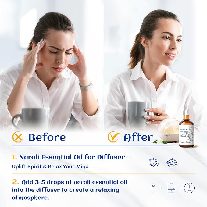 HIQILI Neroli Essential Oil for Diffuser, Aromatherapy and Skin Care | Relaxing & Calming, for Diffuser, Massage & DIY, Travel Bottle Included —100mL / 3.38 fl.oz