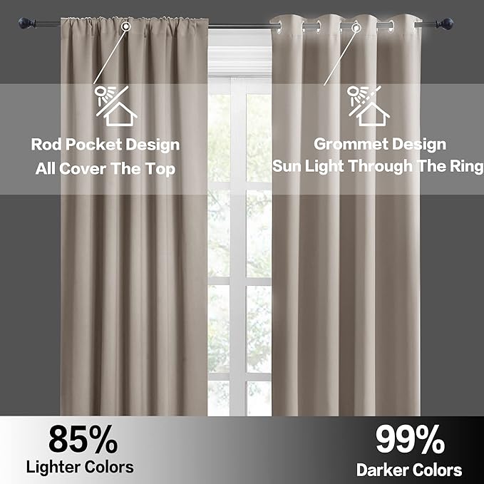 RYB HOME Room Darkening Curtains for Bedroom, Thick Durable Privacy Window Shades, Rod Pocket Thermal Insulated Backdrop for Teenagers Bedroom Dorm, W 42 x L 72 inches, 2 Panels, Sand