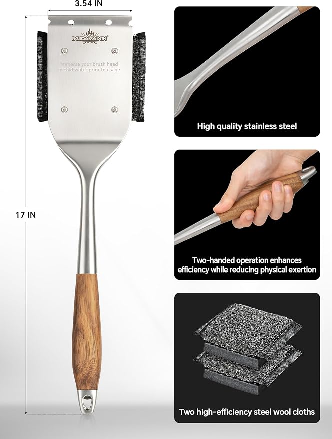 XUDKAKAIXIN Grill Brush Bristle Free,No Bristle Shedding,with Replacement Head,Unique Steel Fibers Pad Perfect for Cast Iron/Stainless-Steel Grates-,Grill Cleaner for Outdoor Gril