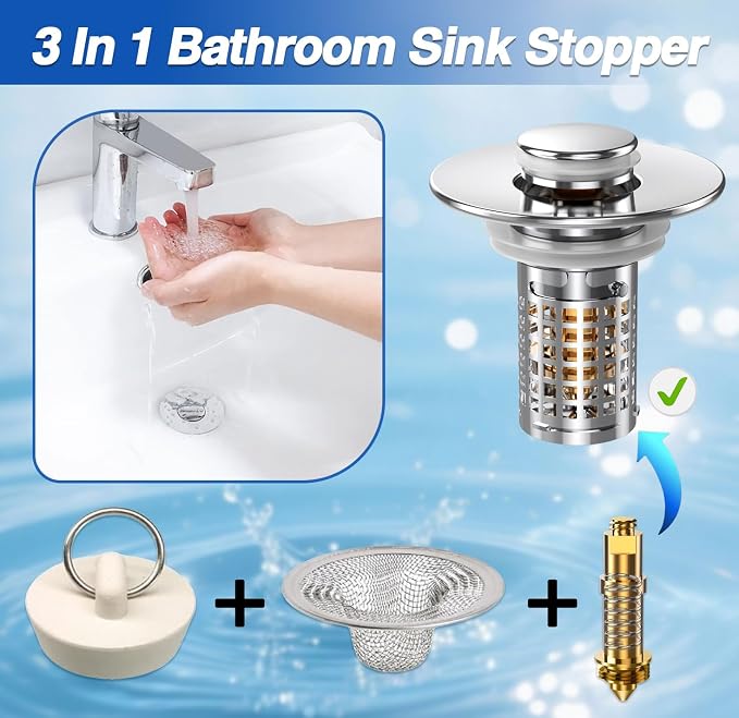 Sink Stopper Bathroom Drain, Pop-up Sink Drain Strainer with Removable Stainless Steel Strainer Basket Hair Catcher, Bathroom Sink Strainer for Bathroom Sink Stopper (1PCS)