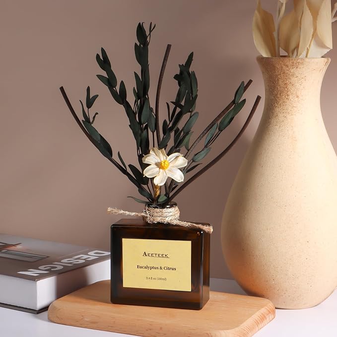Reed Diffuser, Eucalyptus & Citrus Scented Oil Diffusers for Home with Dried Flowers, 3.4 Fl Oz Essential Oil Diffuser for Bathroom, Elegant Fragrance for Room Decor | Diffusers for Home with Handmade Flowers, 100ml Long-lasting Air Freshener for Bathr...
