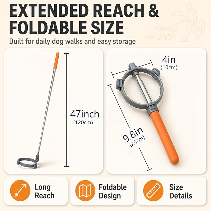 Dog Pooper Scooper with Bags, Long Handle No-Touch Dog Waste Picker Tool | With 90 Rolls Poop Bags, 47 Inch Extendable Handle, No Bending Cleanup, Portable Pooper Scooper for Yard, Walks and Travel