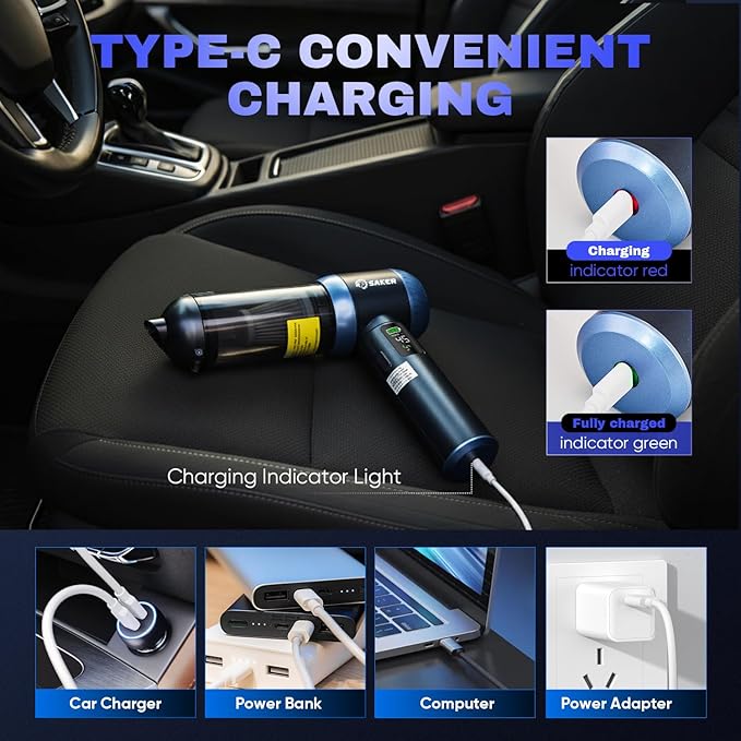 Saker Car Vacuum Portable Cordless 20000Pa Suction Power 4 in 1 Handheld Vacuum with LED Light Type-C Portable Mini Vacuums for Car, Home, Office, Pet HL157 Blue
