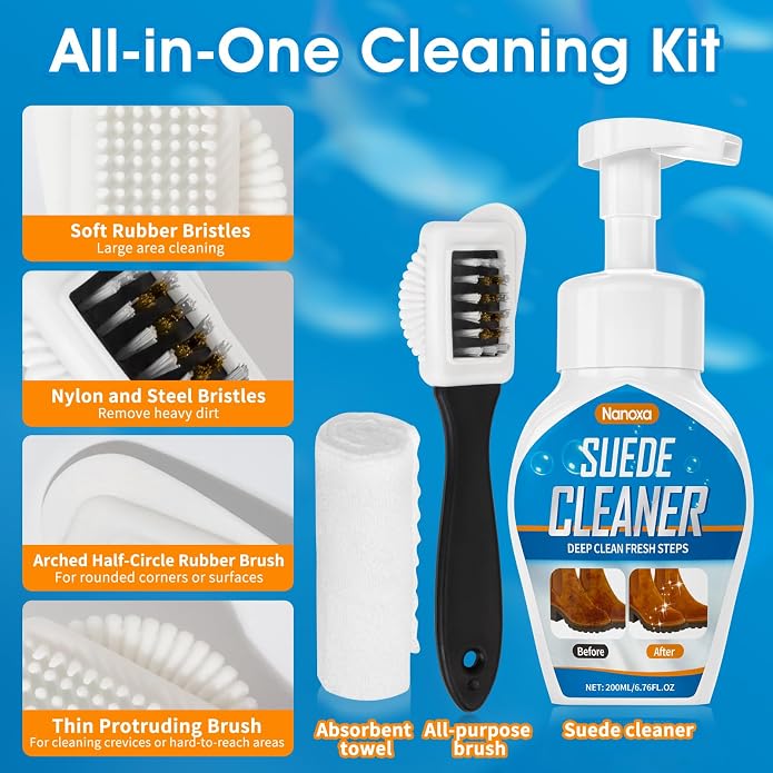 Suede Shoe Cleaner, Suede & Nubuck Cleaner Removes Dirt and Stains, No-Rinse Foam Suede Cleaner Kit for Suede, Nubuck