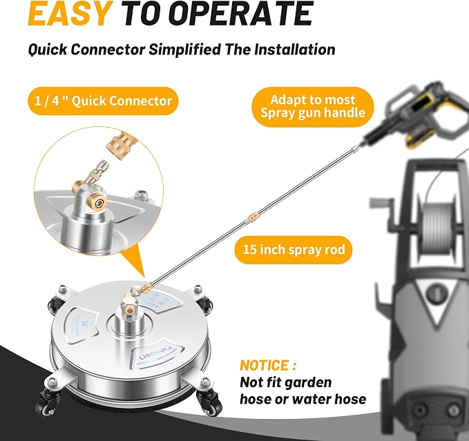 LidoDola 14'' Pressure Washer Surface Cleaner, Power Washer Accessory | Stainless Steel Housing with 4 Wheels, 1/4" QC, 2 Extension Wands & 2 Replacement Nozzles, for Gas & Electric Power Washer