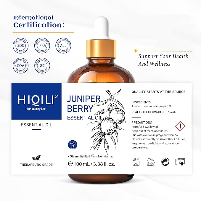 HIQILI Juniper Berry Essential Oil for Aromatherapy,Hair & Skin Care | Brings Long-Lasting Woody Aroma, Calming Relaxation, Versatile DIY & Full Space Odor Elimination -100ml / 3.38 fl oz